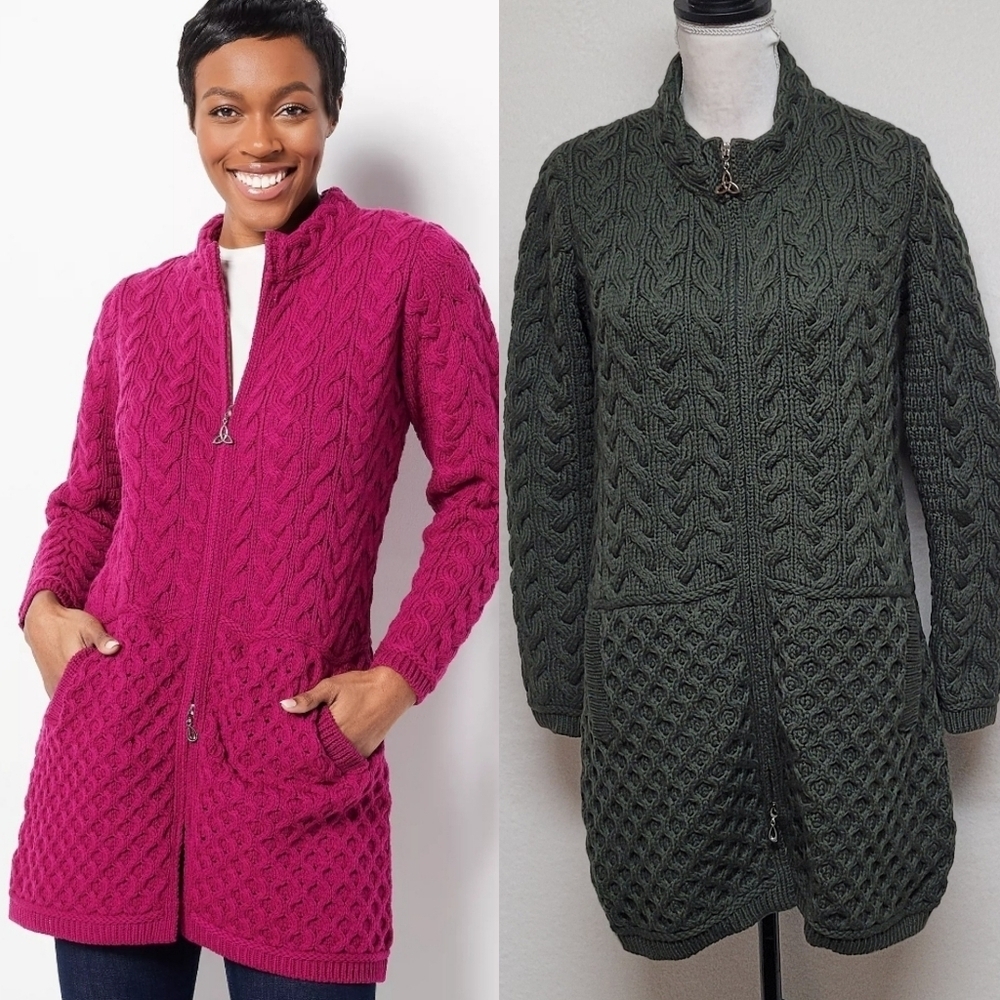 Rare Aran Craft Hunter Green Honeycomb Knit Trinity Knot Pull Cardigan Sweater S